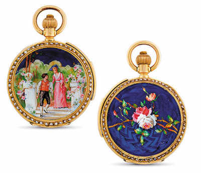 Invicta, 18K金及琺瑯鑲珍珠獵殼懷表，配三問功能，約1890年制，在香港佳士得2013年春拍中以18.75萬港元（約合人民幣15萬元）成交。