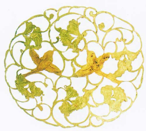 鎏金銀棱平脫雀鳥(niǎo)團(tuán)花紋秘色瓷碗紋飾 鎏金銀棱平脫雀鳥(niǎo)團(tuán)花紋秘色瓷碗紋飾