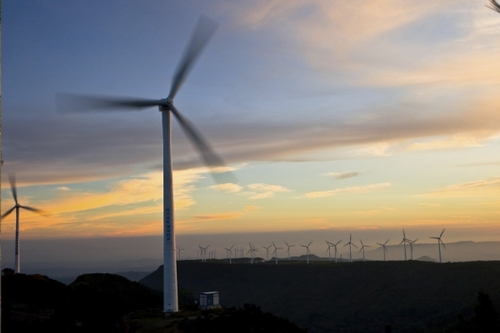 這是5月6日拍攝的山東煙臺棲霞唐山風電場。