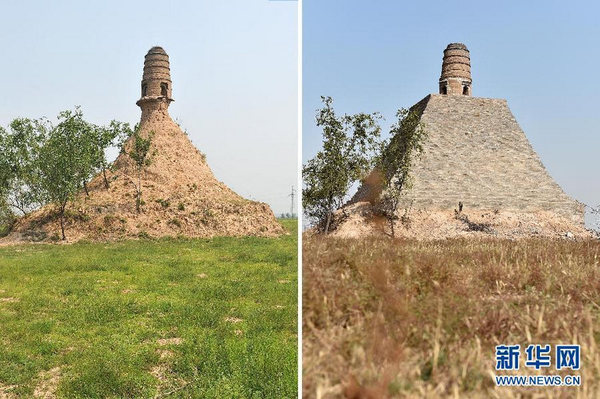 左圖：修繕前的山西祁縣文峰塔（7月28日攝）；右圖：修繕后的文峰塔（10月15日攝）（拼版照片）。