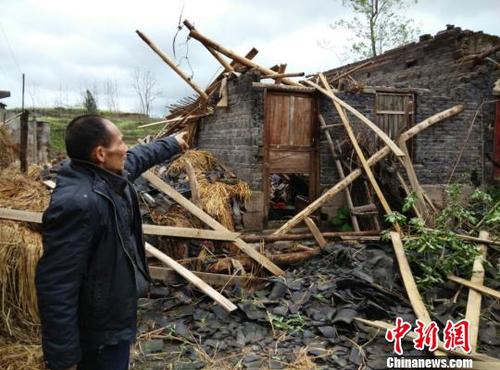 　廣安市武勝縣三溪、飛龍等鄉(xiāng)鎮(zhèn)境內(nèi)遭受狂風(fēng)、雷電、冰雹災(zāi)害老百姓房屋被狂風(fēng)吹垮。（王爵攝）