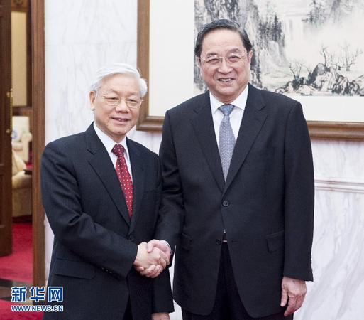 4月8日，中共中央政治局常委、全國政協(xié)主席俞正聲在北京會見越共中央總書記阮富仲。 新華社記者 王曄 攝