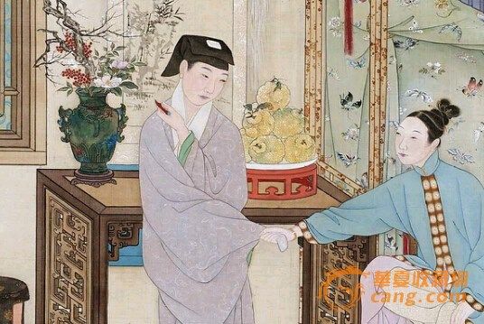 　　帳前大盤堆放香櫞，并有一瓶歲寒清供，山茶、梅、南天竹
