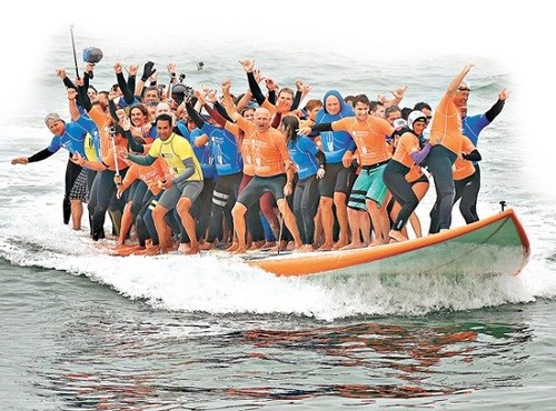 這塊巨型沖浪板長42英尺(約12.8米)、寬11英尺、重1300磅，66名沖浪高手成功在沖浪板上沖浪12秒。
