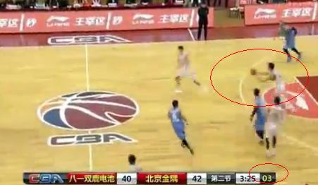 由于計(jì)時(shí)器問(wèn)題，時(shí)間只剩3秒，青島的球還在后場(chǎng)。圖片來(lái)源：視頻截圖。