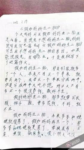 小學(xué)生寫作文勸別生二胎：媽媽有我一個頂兩個