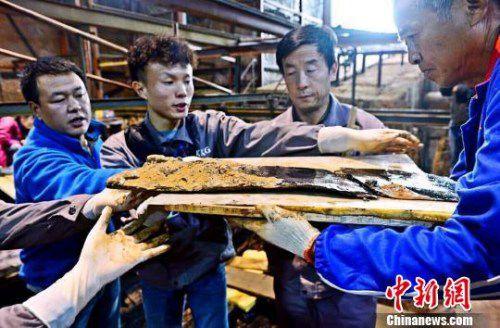 圖為南昌西漢海昏侯墓主槨室考古發(fā)掘現(xiàn)場出土了一組漆器“屏風(fēng)”。　郭晶 攝