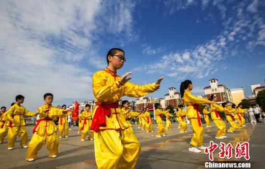 身著黃色統(tǒng)一古式服裝的少年打太極拳?！「到ū蟆z