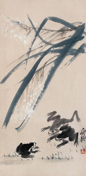 齊白石《青蛙白蘆》（木版水?。? longdesc=