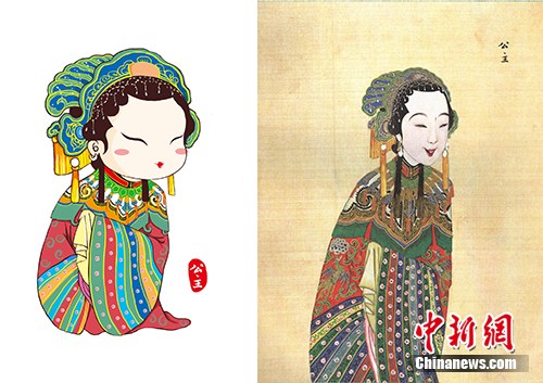 　　以國(guó)圖館藏《慶賞升平》為基礎(chǔ)設(shè)計(jì)的公主形象（左），右圖為《慶賞升平》中的公主形象。國(guó)家圖書館供圖