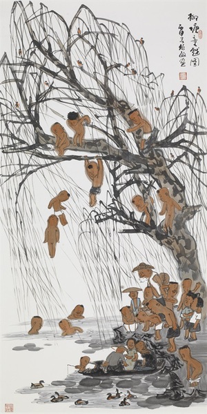 周矩敏 柳塘童戲圖 136cm×68cm 周矩敏 柳塘童戲圖 136cm×68cm