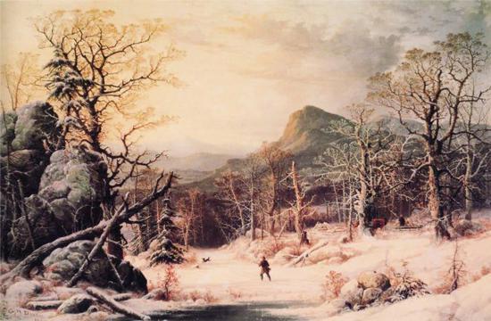 亨利·杜里，《冬季在森林里打獵的獵人》，1860年
