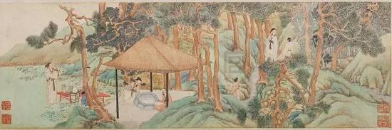文征明《惠山茶會(huì)圖》，絹本，設(shè)色，縱21.9cm，橫67cm，北京故宮博物院藏