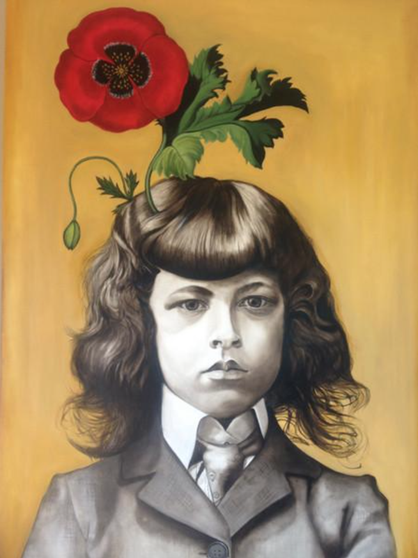 Marianna Gartner ，Boy with flowers for brains 3， Oil on canvas， 183x122cm ，2017瑪麗安娜·加特納 《男孩與花3》油畫 183x122cm 2017