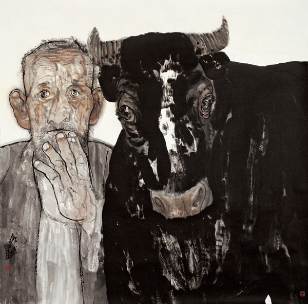 袁武，老人與牛之一 ，145×145cm，紙本水墨設(shè)色，2011