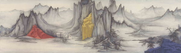 徐累，互山-1，61.5×210cm，紙本水墨設(shè)色，2017XU Lei,  Interact Mountains 1, 61.5×210cm, Ink and color on paper, 2017