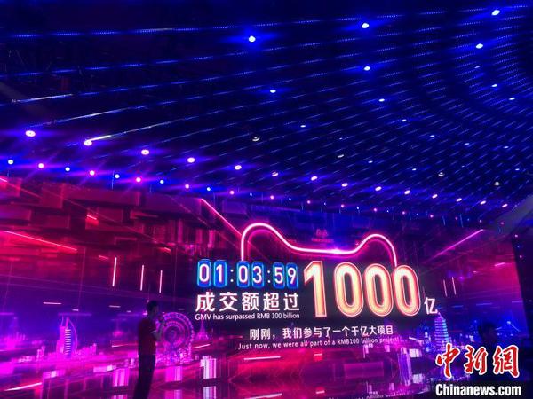 圖為2019年11月11日凌晨1點(diǎn)03分59秒，2019天貓雙11交易額突破1000億元人民幣。　趙小燕　攝