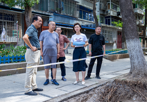 王小雨（右二）與政協(xié)委員、居民代表就小區(qū)管道安裝事宜現(xiàn)場(chǎng)協(xié)商。 （圖片由受訪者提供）